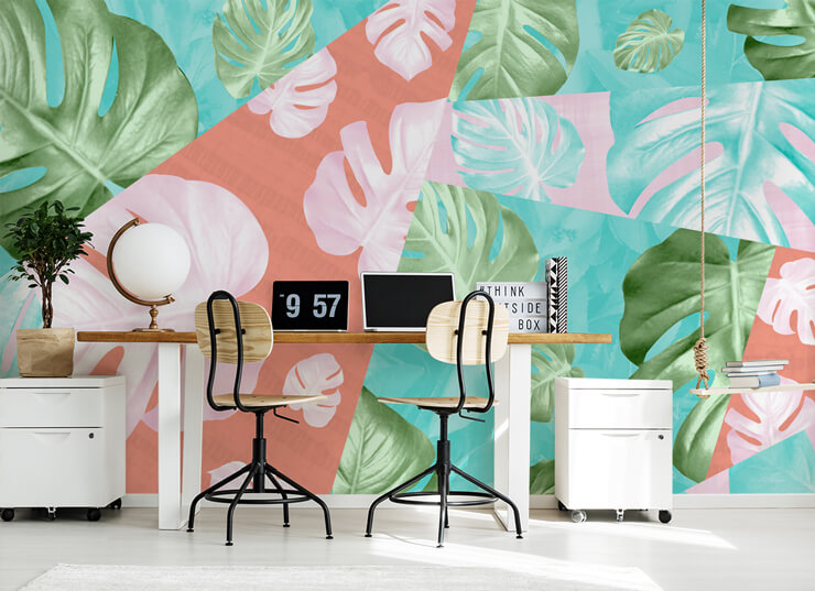 peach and mint green wallpaper with palm leaves in cool home office