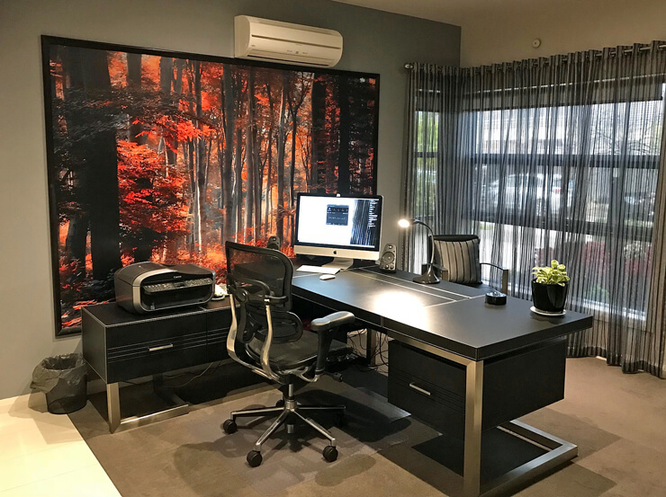 orange and dark brown forest wallpaper in smart home office
