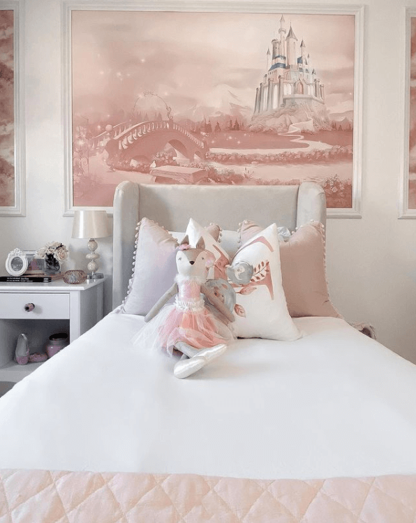 pink princess castle framed wallpaper in princess bedroom
