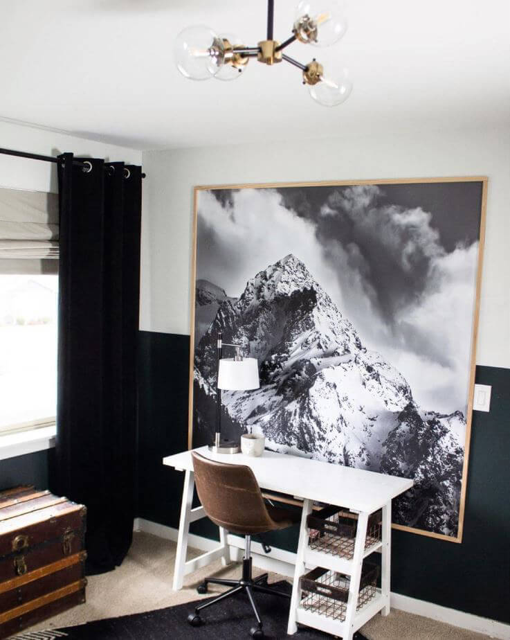 monochrome mountain framed wallpaper in black and white office