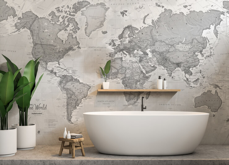 grey world map wallpaper in minimalist bathroom