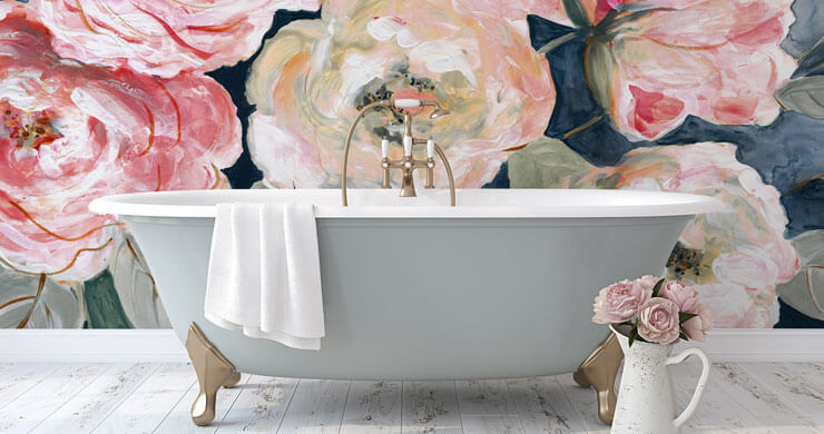 pink and cream floral painting wallpaper in grey and pink wallpapered bathroom