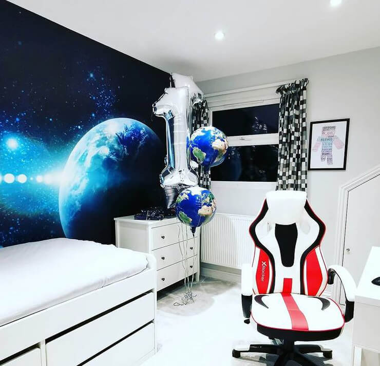 earth motivational wallpaper in boy's space bedroom