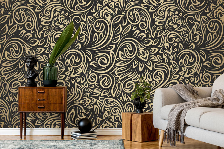 dark and gold swirl wallpaper in vintage style hallway