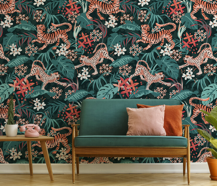 tiger tropical print wallpaper in green and pink living room