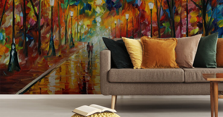 Leonid Afremov's colourful painting of couple in park wallpaper in living room