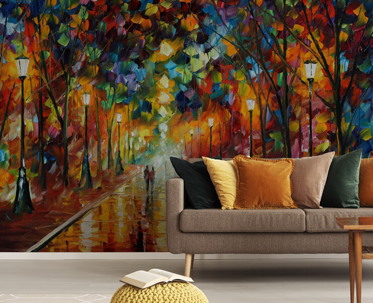 colorful abstract painting of couple in fall park in grey, orange and yellow living room