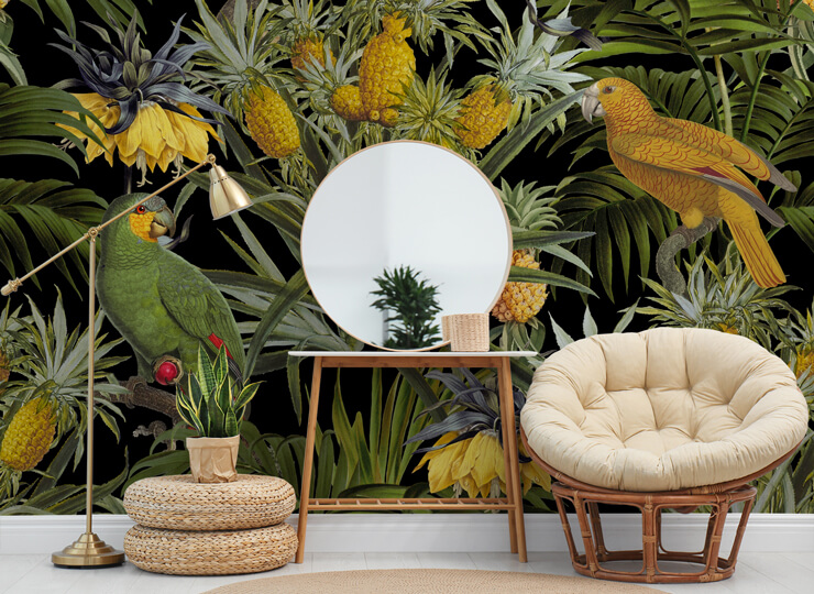 black and yellow jungle parrot wallpaper in boho dressing room