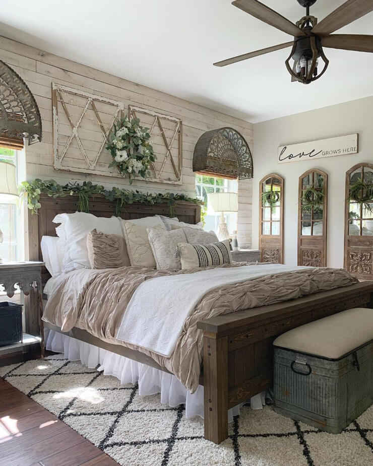 neutral rustic bedroom in farmhouse