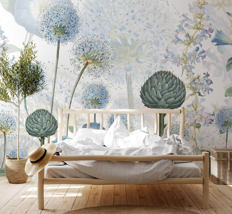 light blue botanical wallpaper in boho bedroom