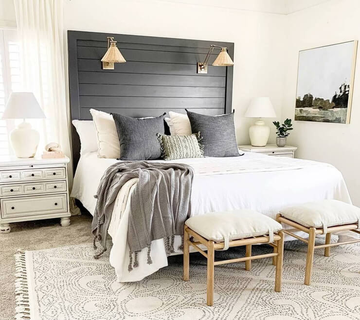 dark shiplap headboard in farmhouse bedroom