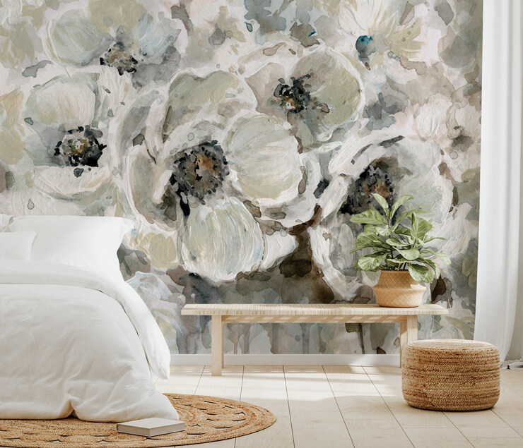 neutral brown, beige and grey toned flower wallpaper in rustic bedroom