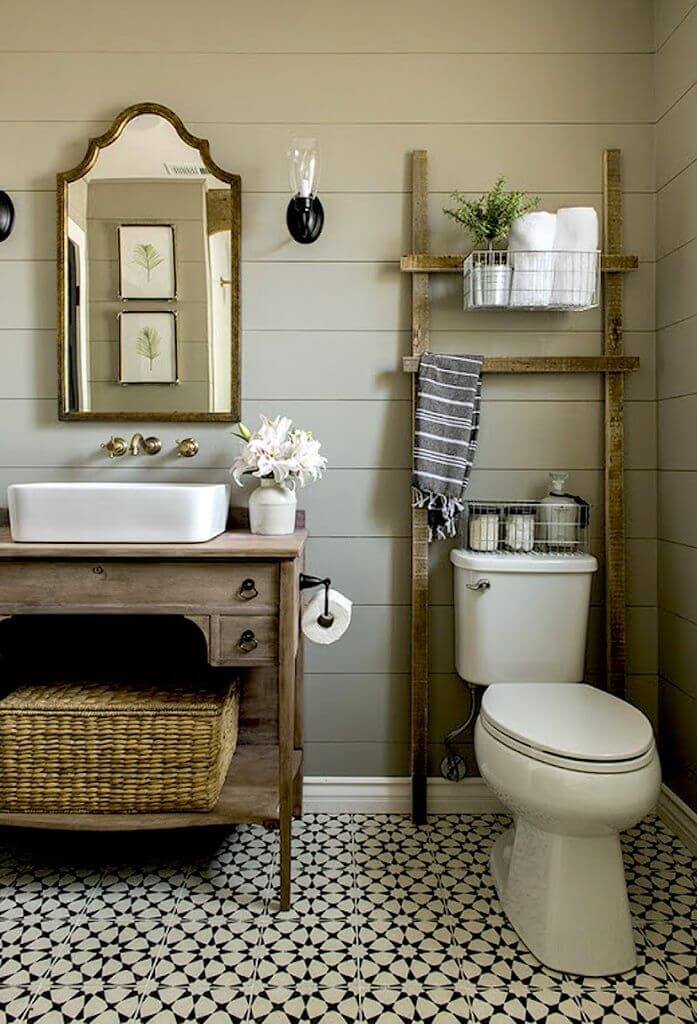 wooden sink vanity in vintage bathroom