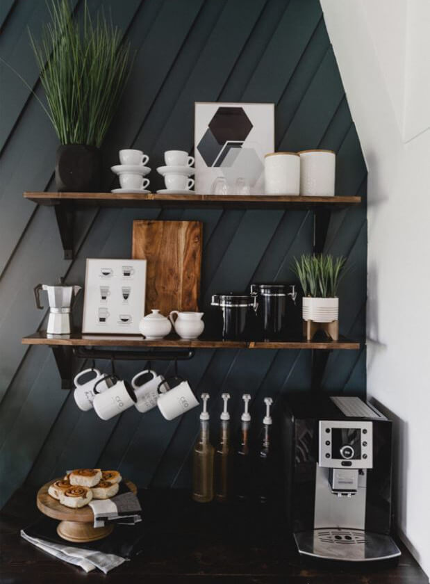 navy panelled wall coffee station