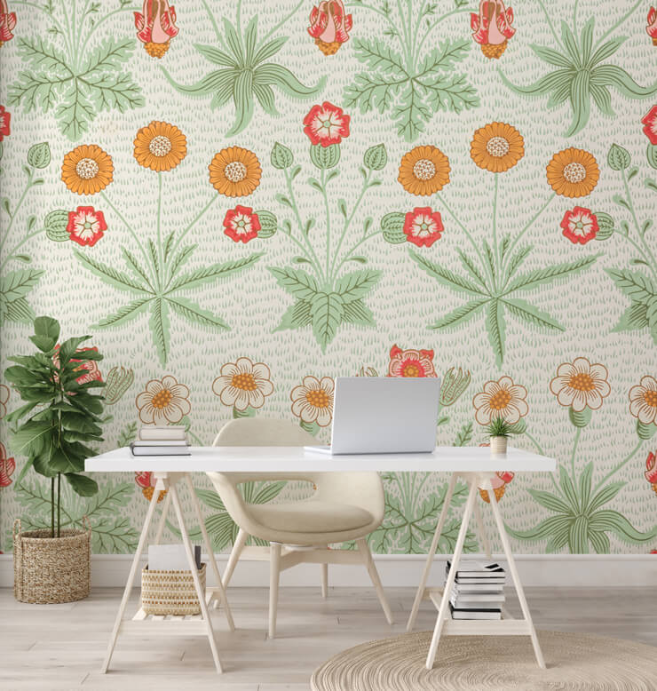 green, red and orange floral wallpaper in white office
