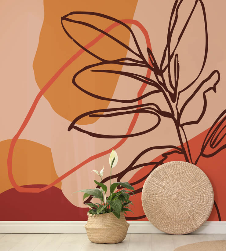orange and coral leaf line art wallpaper in simple hallway