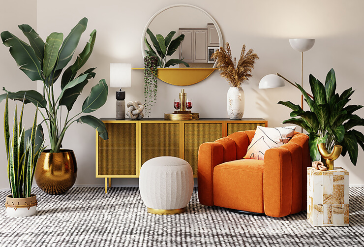 interior design trends 2022 1930s style orange velvet chair and dresser with tropical green plants