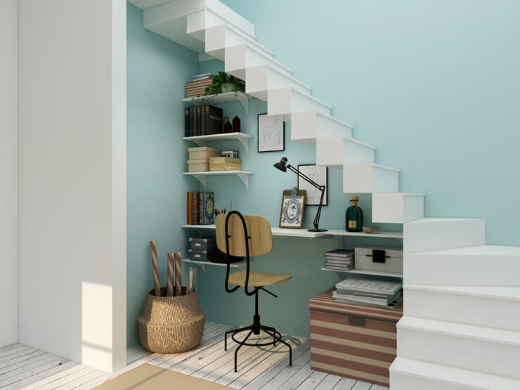 home office under staircase in trendy home