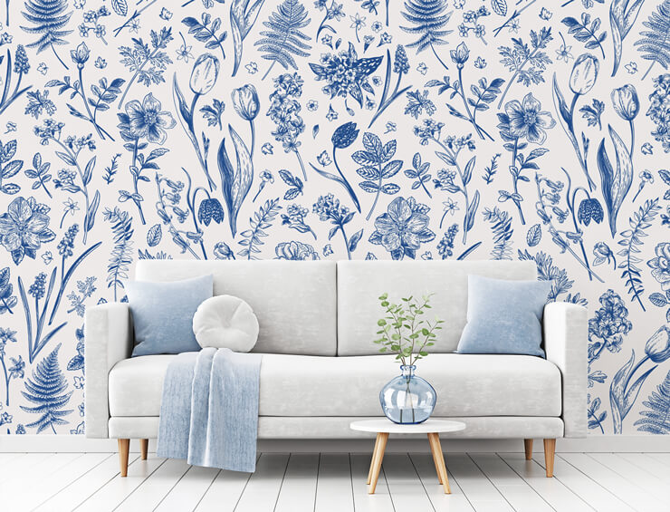 blue and white flower wallpaper in white and blue living room
