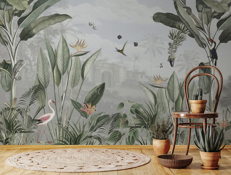 vintage style jungle wall mural with wooden chair and green plants