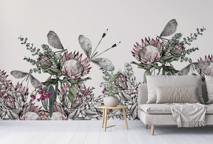 pink and green botanical prints wallpaper in simple lounge