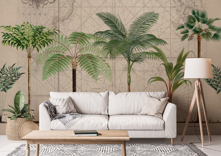 green trees illustration on map wallpaper in trendy lounge