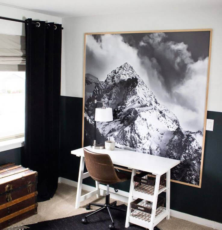 black and white mountain photo wallpaper in stylish home office