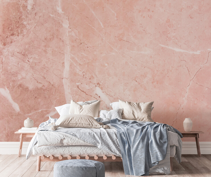 light pink marble wall mural in grey and white bedroom