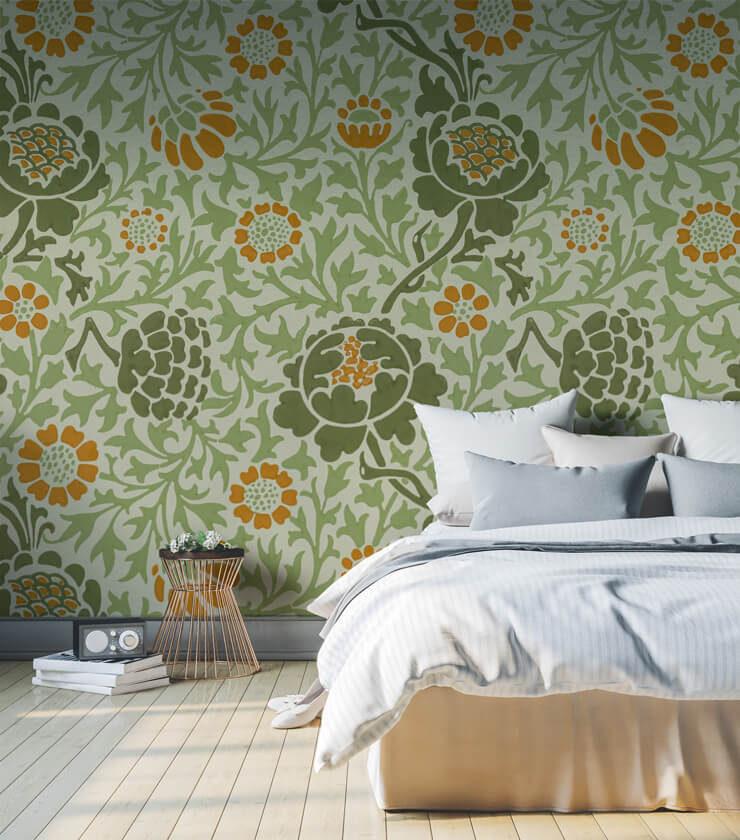 green patterned Morris wallpaper in off white and grey bedroom