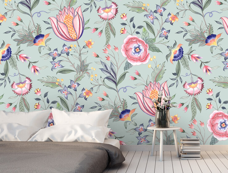light green, blue and pink oriental floral wallpaper in a bedroom trends for 2022