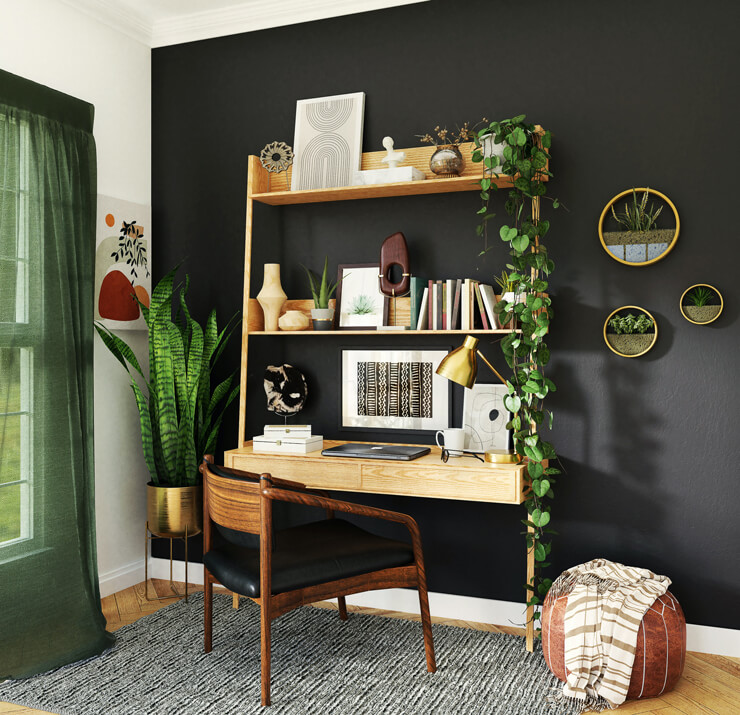 dark bedroom with tropical green plants wallpaper