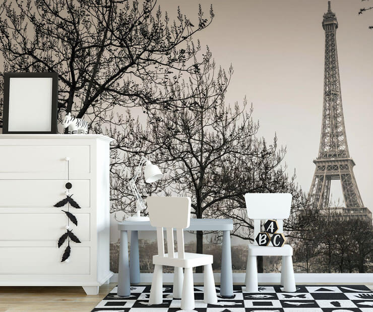 black and white paris wall mural in childrens living room