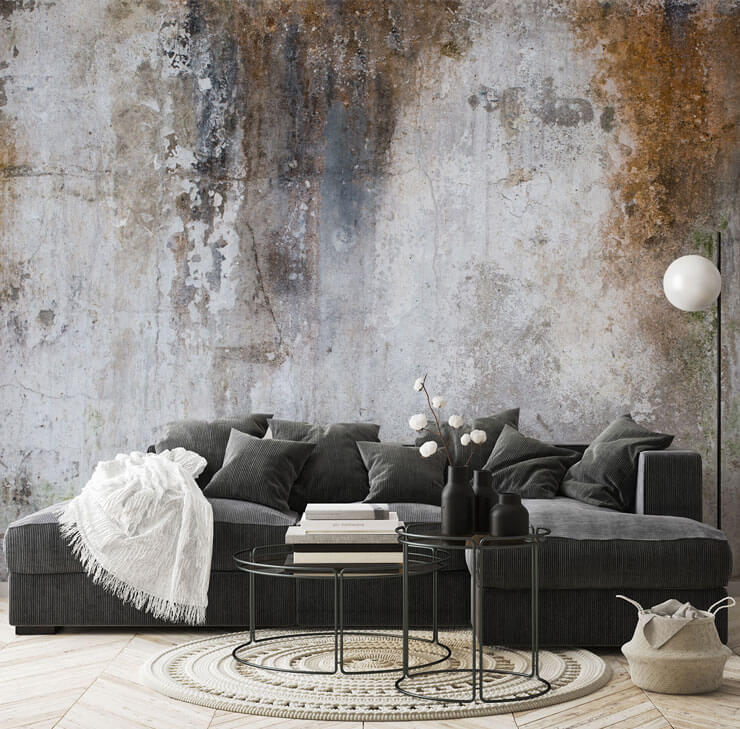 concrete wallpaper in dark grey living room