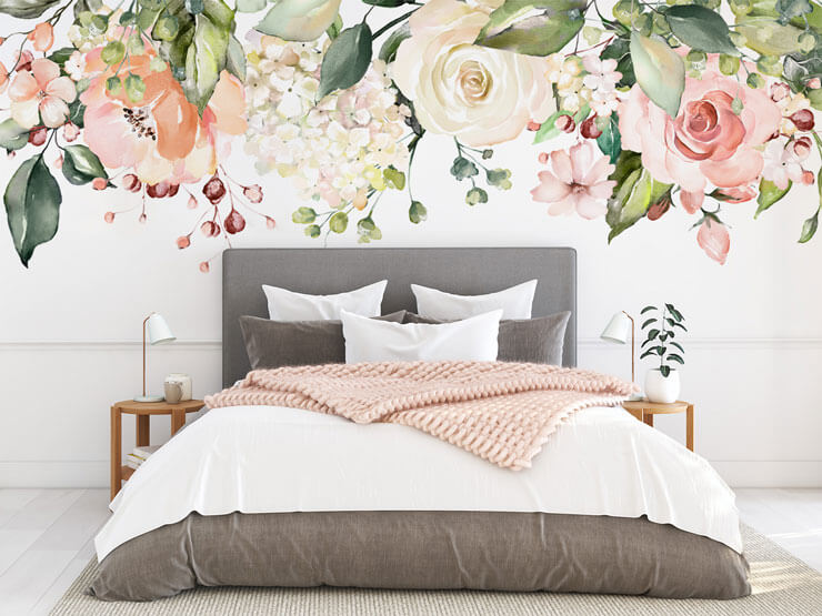 pink, green and white hanging flower wallpaper in pretty bedroom