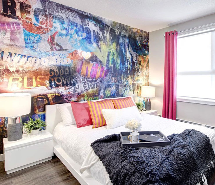colorful graffiti wallpaper in cool bedroom