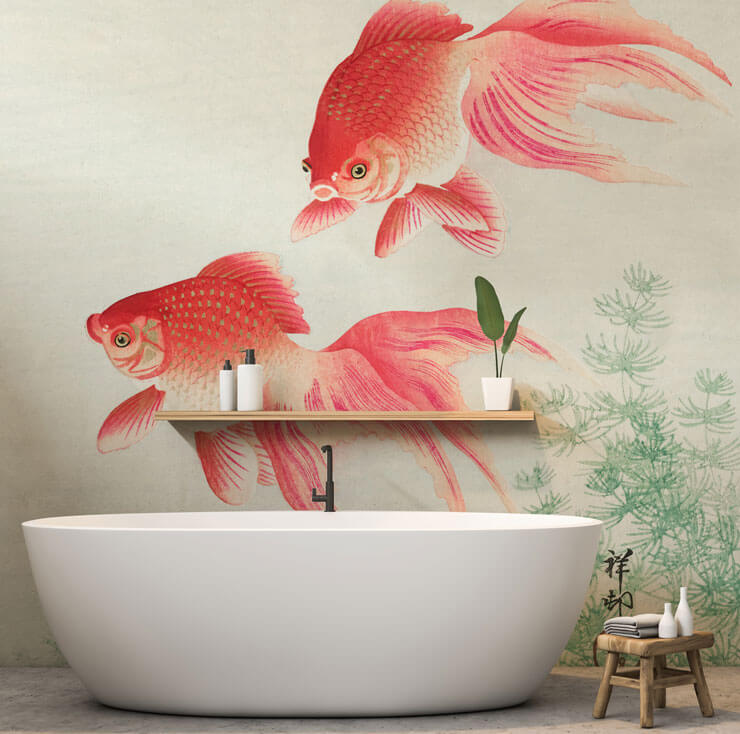red gold fish wallpaper in minimalist bathroom