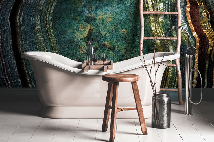 gold and emerald geode wallpaper in rustic bathroom