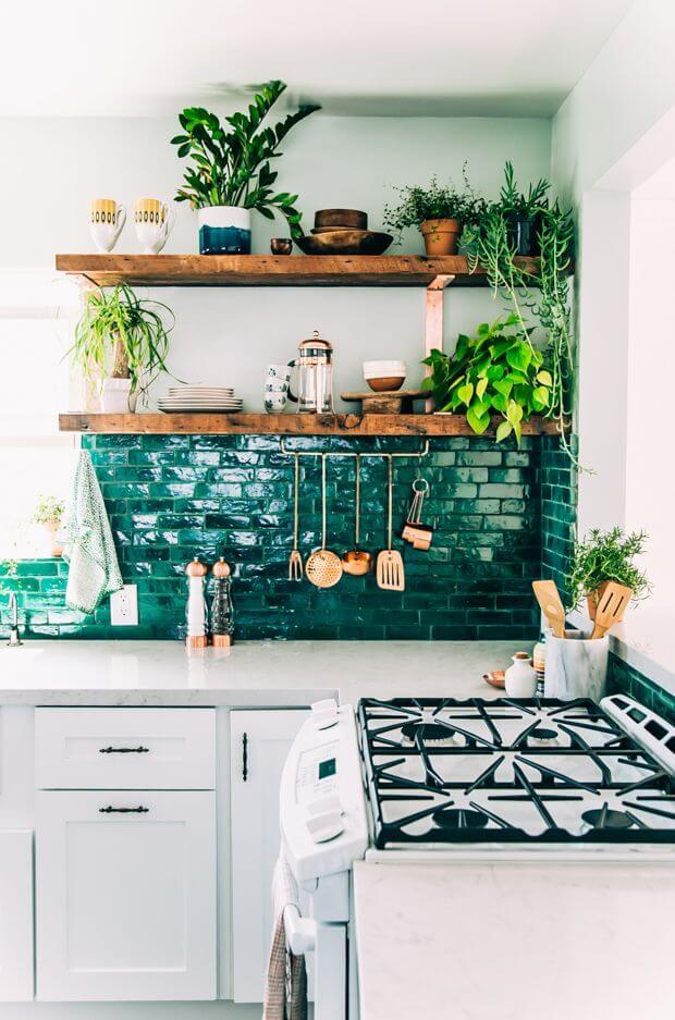 emerald green home decor idea in a boho kitchen