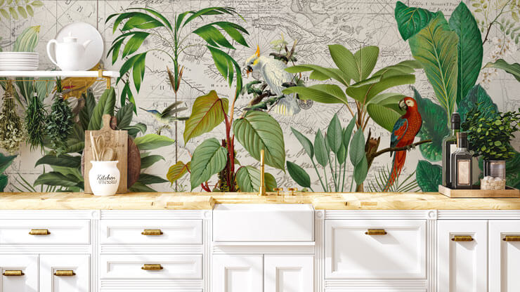leafy green jungle wallpaper in white kitchen