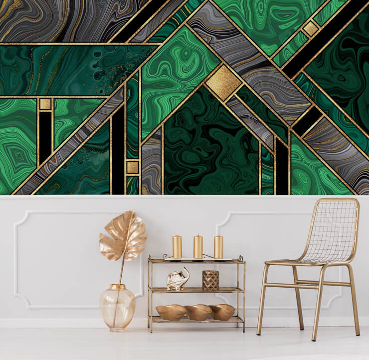 gold and green retro pattern wallpaper in white and gold dining room
