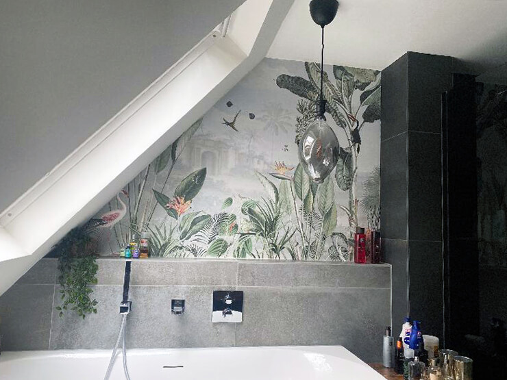 vintage jungle mural in attic bathroom