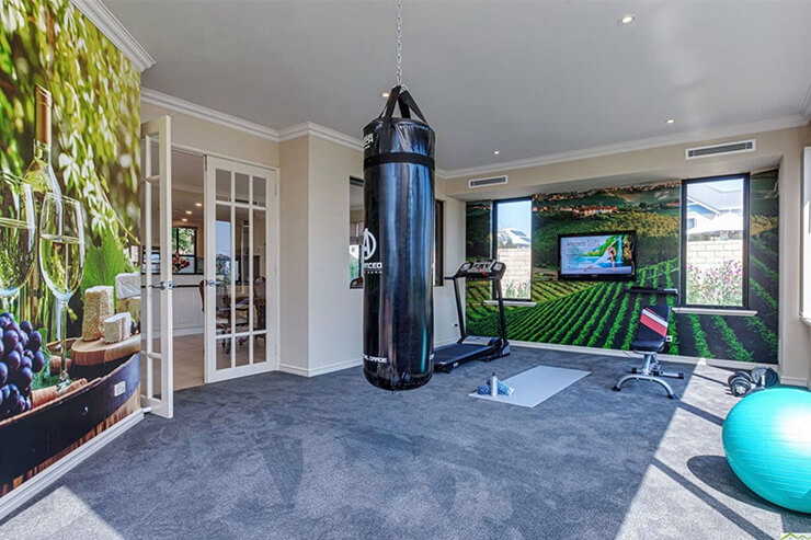 Wine and cheese decorated home gym ideas