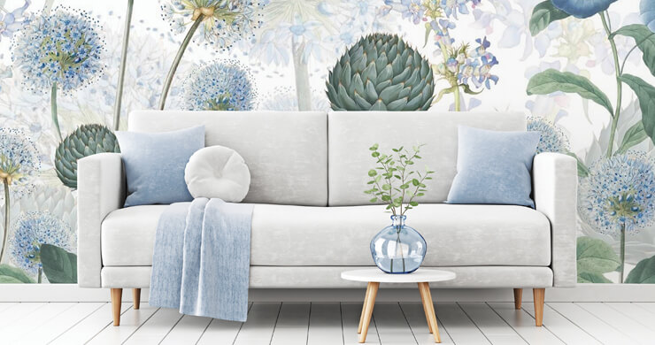 pastel blue floral wallpaper in light blue lounge