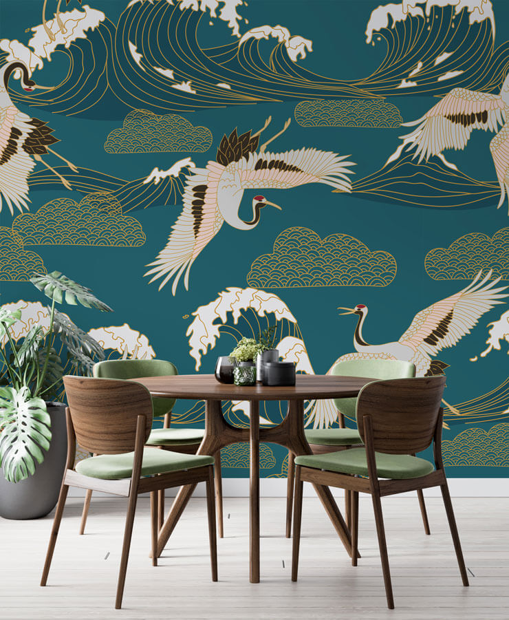 inky blue and green crane wallpaper in green dining room