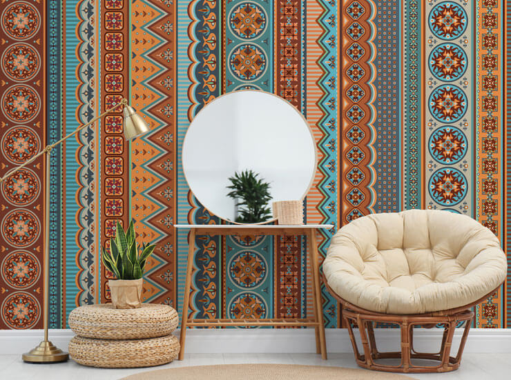 terracotta and blue tribal pattern wallpaper in boho dressing room