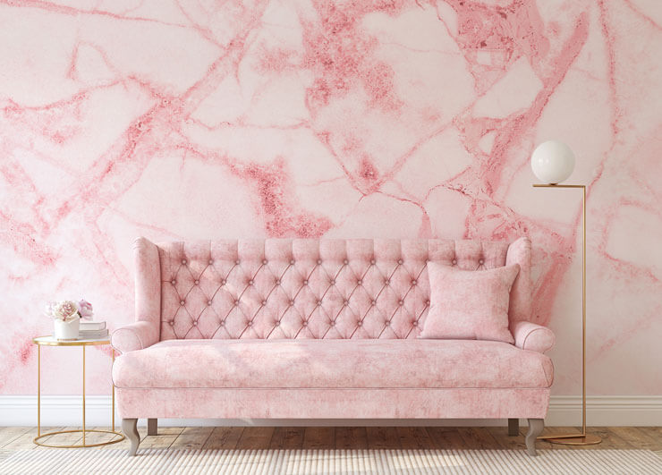 pink marble effect wall mural in pink vintage lounge