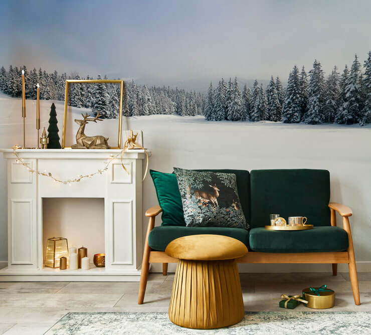 snowy forest landscape wall mural in christmas living room