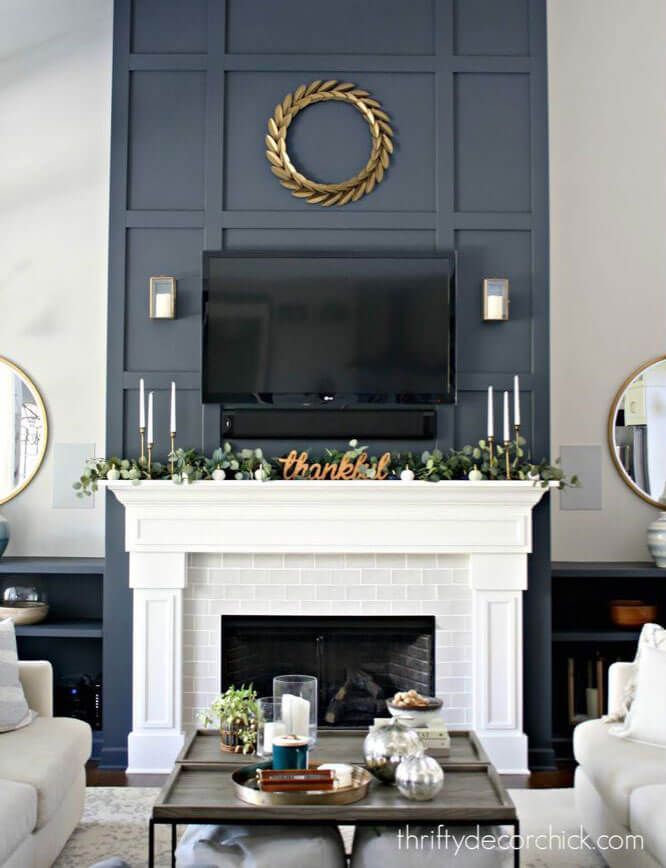 navy and white mantel decor