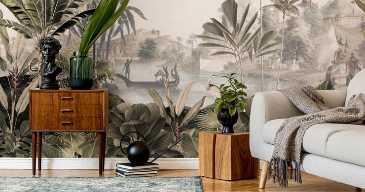 vintage illustration of jungle wallpaper in trendy living room