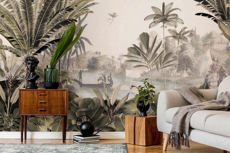 green jungle wall mural in stylish lounge